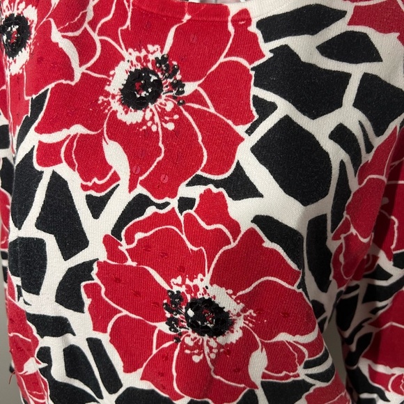ALFRED DUNNER RedBlack Festive Floral Sweater Bead Sequin Pullover Sz PL Holiday - Picture 2 of 4